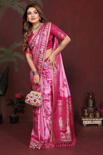 Pink zari weaving work satin silk saree with blouse