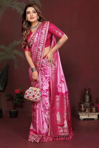 Pink zari weaving work satin silk saree with blouse