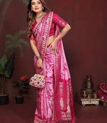 Pink zari weaving work satin silk saree with blouse