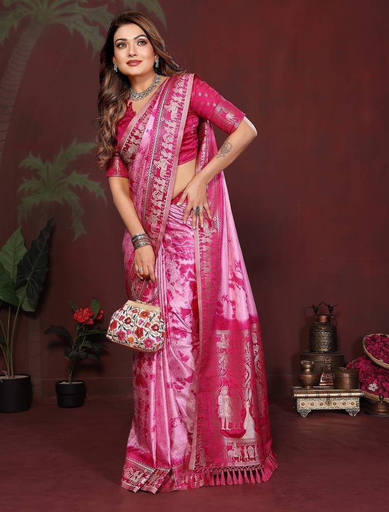 Pink zari weaving work satin silk saree with blouse