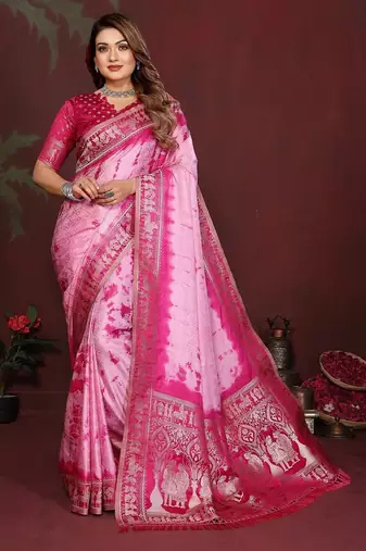 Pink zari weaving work satin silk saree with blouse