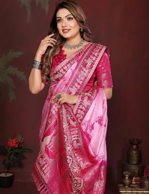 Pink zari weaving work satin silk saree with blouse 3