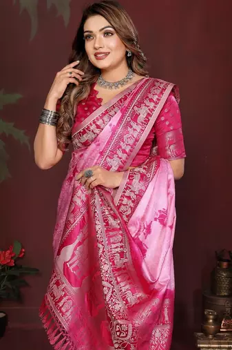 Pink zari weaving work satin silk saree with blouse