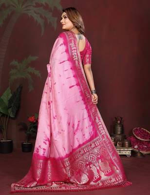 Pink zari weaving work satin silk saree with blouse 4