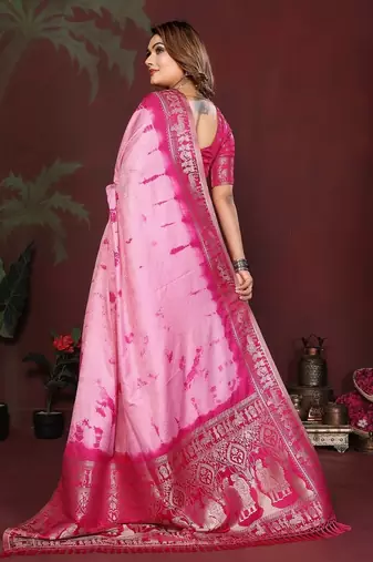 Pink zari weaving work satin silk saree with blouse