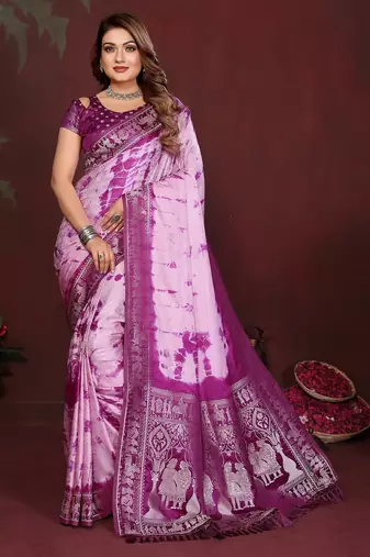 Purple zari weaving work satin silk saree with blouse