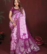 Purple zari weaving work satin silk saree with blouse