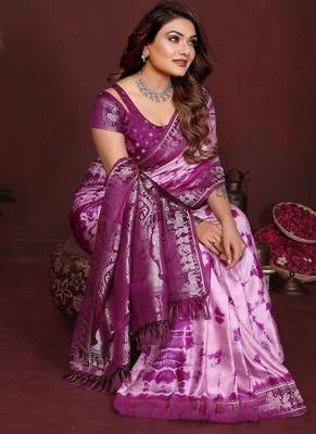 Purple zari weaving work satin silk saree with blouse 2