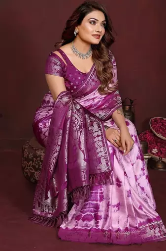 Purple zari weaving work satin silk saree with blouse