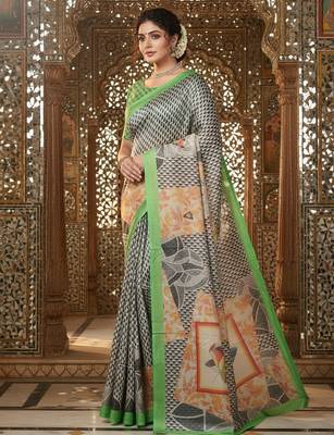 green crepe art silk blend digital printed ethnic festive saree 1