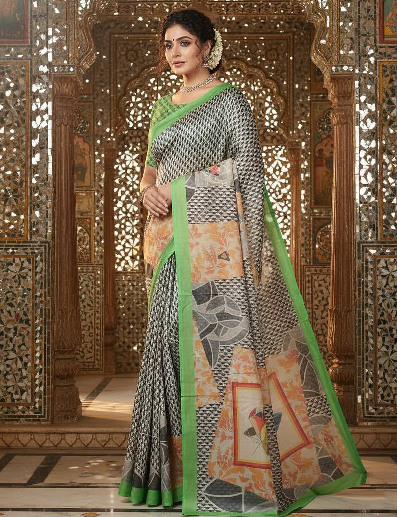green color crepe art silk fabric designer digital printed ethnic festive saree