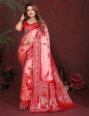 Red zari weaving work satin silk saree with blouse 1