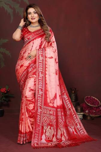 Red zari weaving work satin silk saree with blouse