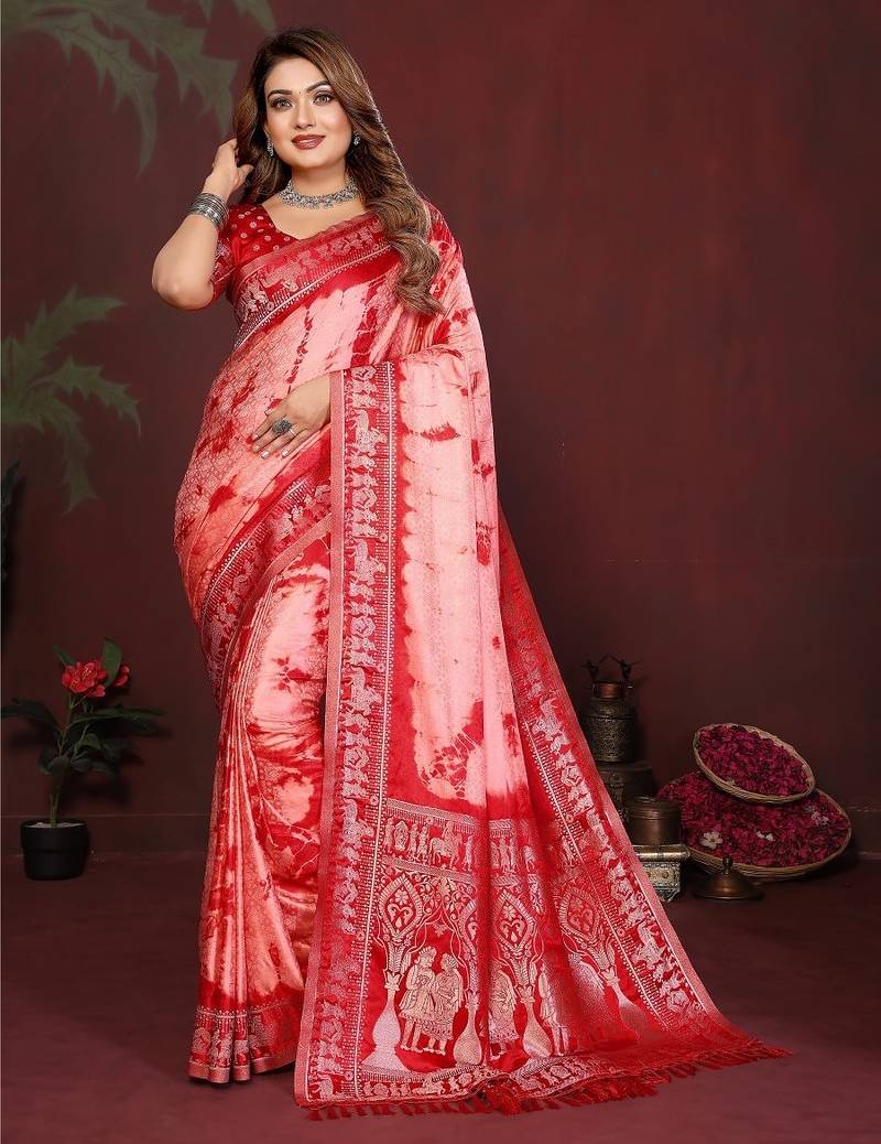 Red zari weaving work satin silk saree with blouse