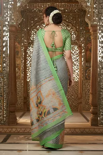 green crepe art silk blend digital printed ethnic festive saree
