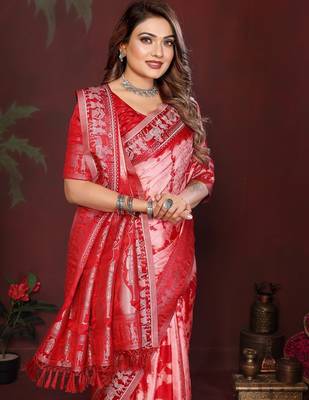 Red zari weaving work satin silk saree with blouse 2