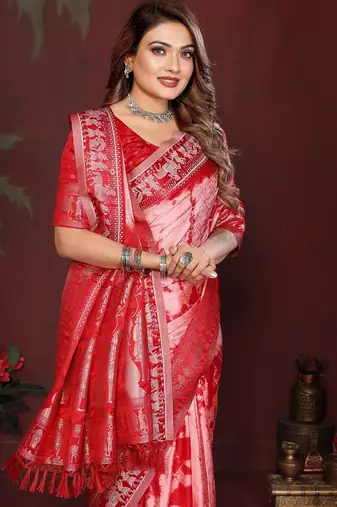 Red zari weaving work satin silk saree with blouse