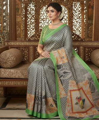 green crepe art silk blend digital printed ethnic festive saree 3