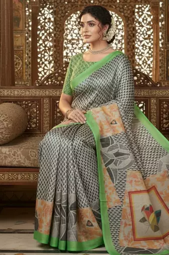 green crepe art silk blend digital printed ethnic festive saree