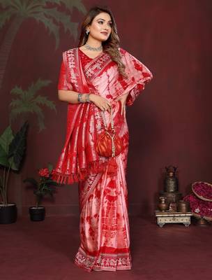 Red zari weaving work satin silk saree with blouse 3