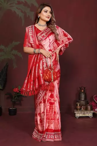Red zari weaving work satin silk saree with blouse