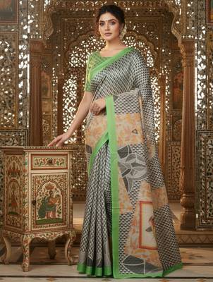green crepe art silk blend digital printed ethnic festive saree 4
