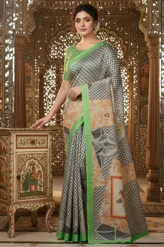 green crepe art silk blend digital printed ethnic festive saree