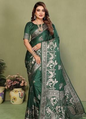 Dark green zari butta work satin silk saree with blouse 1
