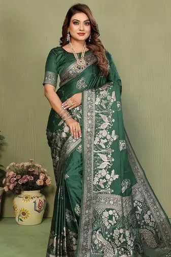 D green zari butta work satin silk saree with blouse