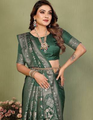 Dark green zari butta work satin silk saree with blouse 2