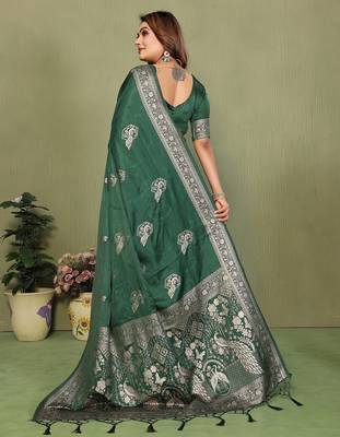Dark green zari butta work satin silk saree with blouse 3