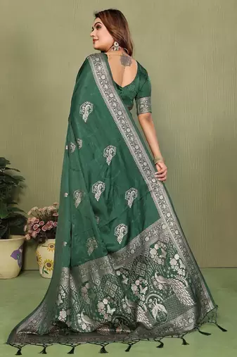 Dark green zari butta work satin silk saree with blouse