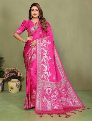Pink zari butta work satin silk saree with blouse 1