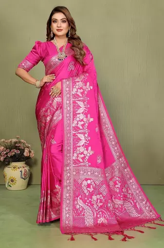 Pink zari butta work satin silk saree with blouse