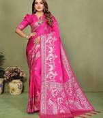 Pink zari butta work satin silk saree with blouse