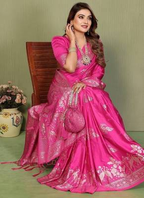 Pink zari butta work satin silk saree with blouse 2