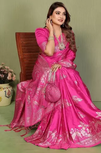 Pink zari butta work satin silk saree with blouse