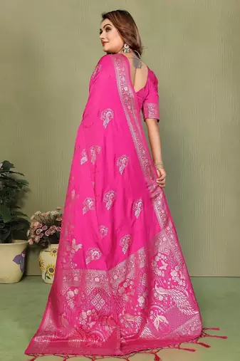 Pink zari butta work satin silk saree with blouse