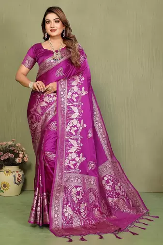 Purple zari butta work satin silk saree with blouse