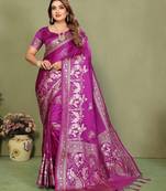 Purple zari butta work satin silk saree with blouse