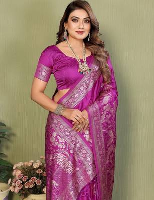 Purple zari butta work satin silk saree with blouse 2