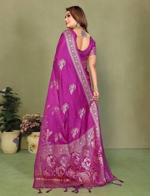 Purple zari butta work satin silk saree with blouse 3