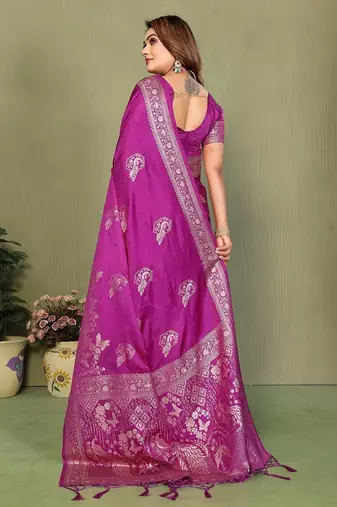 Purple zari butta work satin silk saree with blouse