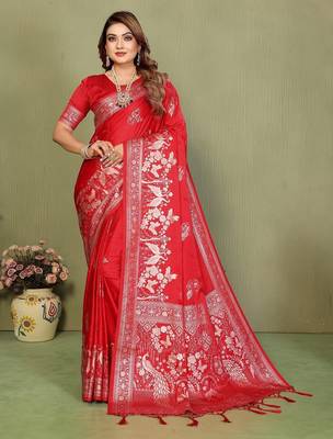 Red zari butta work satin silk saree with blouse 1