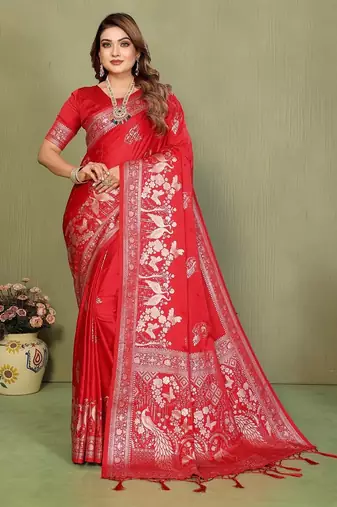 Red zari butta work satin silk saree with blouse