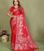 Red zari butta work satin silk saree with blouse