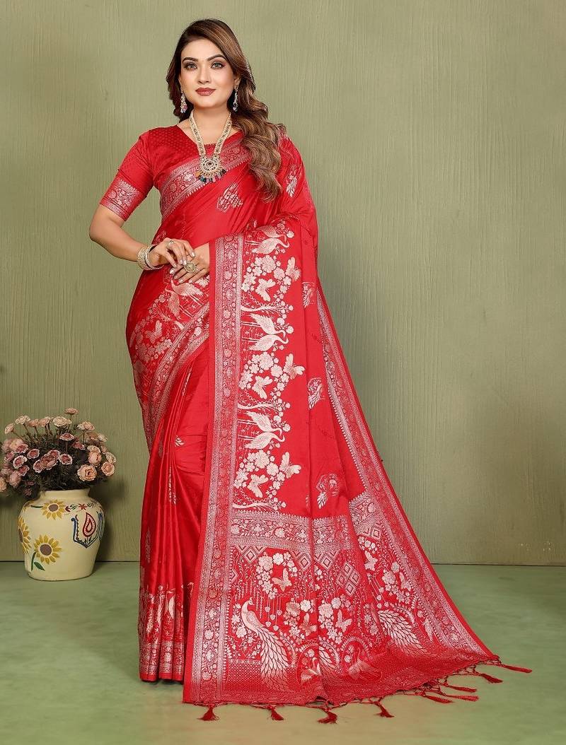 Red zari butta work satin silk saree with blouse