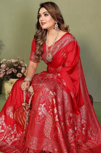 Red zari butta work satin silk saree with blouse