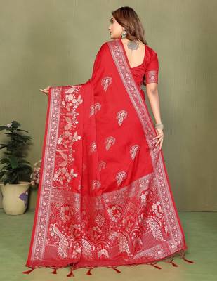 Red zari butta work satin silk saree with blouse 3