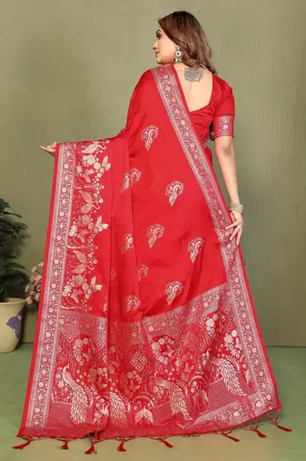 Red zari butta work satin silk saree with blouse